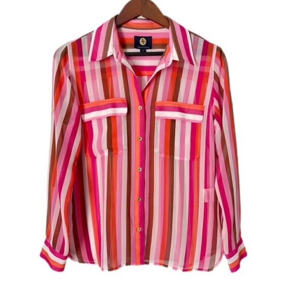 Adrienne Vittadini Sheer Long Sleeve Stripe Top - Picture 1 of 7